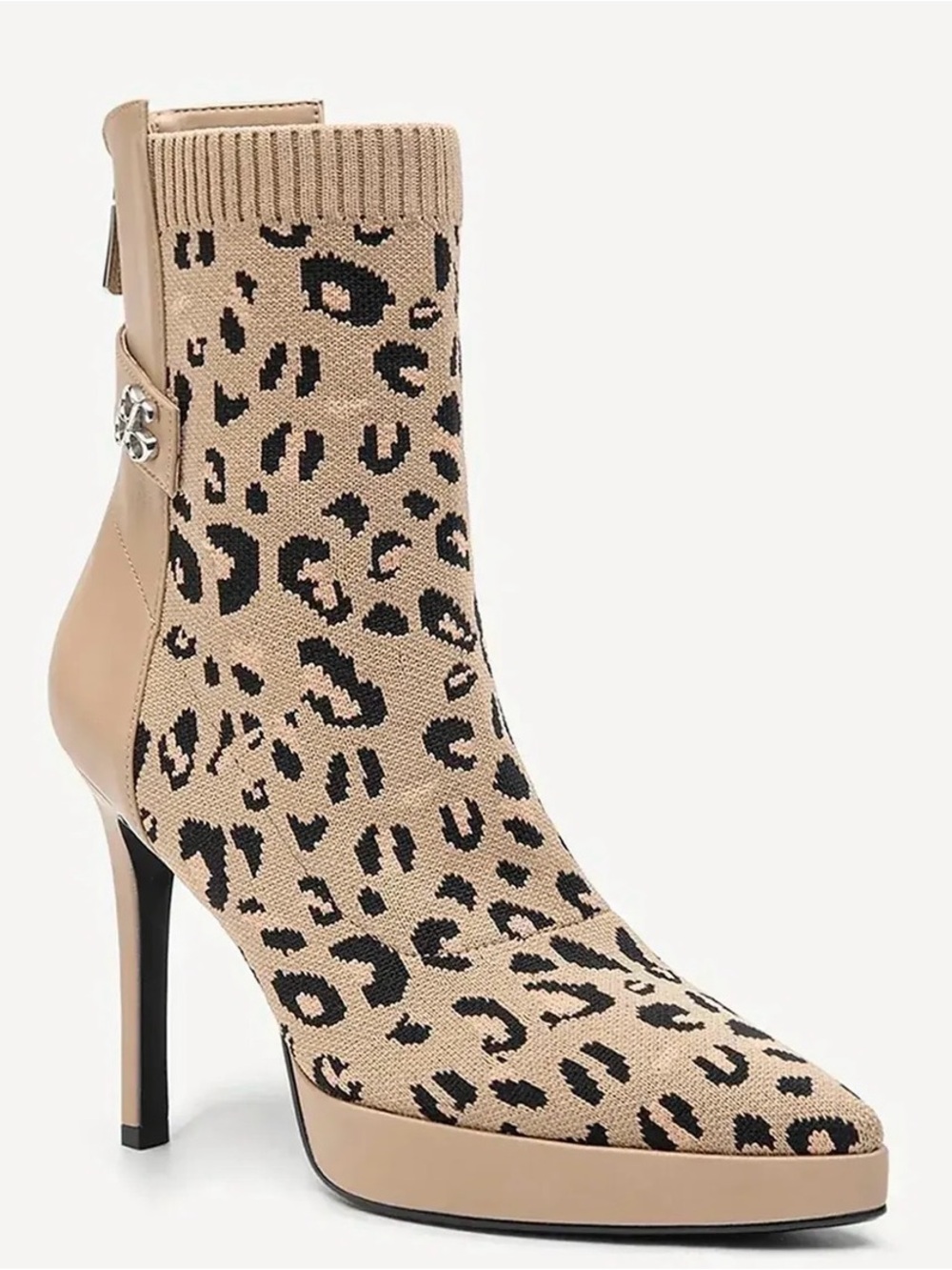 Cosy Island SassyMove Leopard Knit Ankle Boots Platform Stiletto Heel Bootie 7.5